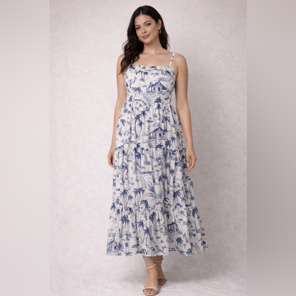 Blue and White Printed Maxi Dress